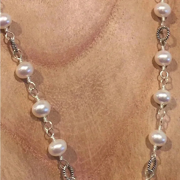 Pearl Necklace, Wired Wrapped With Sterling Silver, Bali Silver Oxidized Ring - Picture 2 of 2